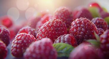 Fresh Raspberries With Green Leaves on a Bright Sunny Day photo