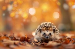 Hedgehog Foraging Among Autumn Leaves in a Forest Clearing photo