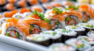 Fresh Sushi Rolls With Salmon and Cucumber on a White Plate photo