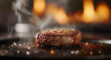 Grilled Steak With Herbs on Black Stone Surface Next to Flames photo