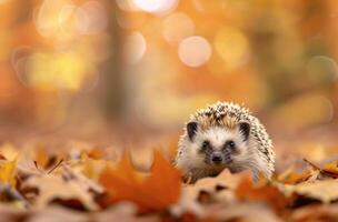Hedgehog Foraging Among Autumn Leaves in a Forest Clearing photo