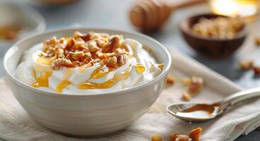 Creamy Yogurt Bowl With Honey and Nuts on Rustic Table photo