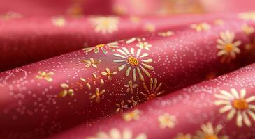 Intricate Floral Embroidery on Richly Colored Fabric Rolls in Soft Light photo