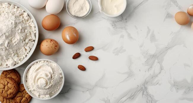 Baking Ingredients Spread on Marble Countertop With Eggs, Flour, and Nuts photo