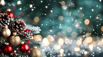 Festive Christmas Ornaments and Pine Cones on Evergreen Branches With Snowfall photo