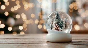Winter Wonderland Snow Globe on Wooden Table With Festive Background Lights photo