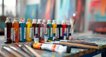 Art Studio Workspace With Brushes, Paints, And Palettes During Daytime photo