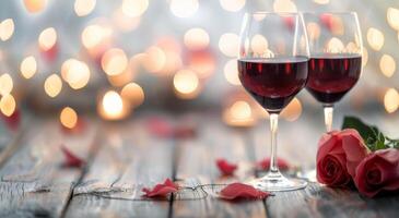 Romantic Setting With Red Wine Glasses and Roses on Rustic Wooden Table photo