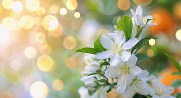 Blossoming White Flowers With Soft Background Bokeh in Spring Sunlight photo