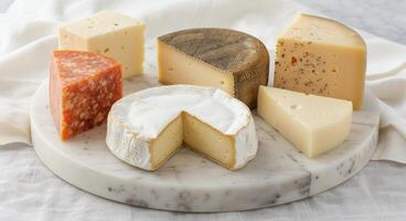 Assorted Artisan Cheeses Displayed on Marble Cutting Board in Cozy Kitchen Setting photo