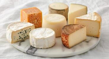 Assorted Artisan Cheeses Displayed on Marble Cutting Board in Cozy Kitchen Setting photo