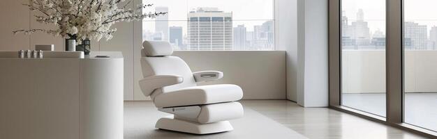Modern Spa Chair in Bright City Room With Cityscape View and Minimalist Decor photo