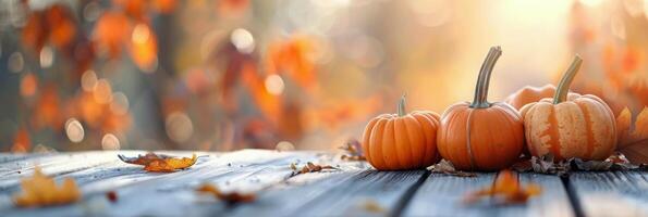 Autumn Pumpkins Displayed on Wooden Table Surrounded by Colorful Leaves photo