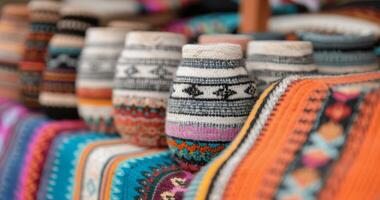 Handcrafted Colorful Pottery Displayed at Local Market in a Vibrant Artisan Town photo