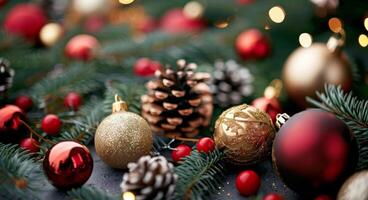 Decorated Christmas Tree With Ornaments and Pine Cones Adorning Festive Background photo
