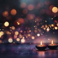 Traditional Diyas Illuminating a Table With Colorful Bokeh Background at Night photo