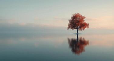Lonely Autumn Tree Reflected in Calm Water During Sunrise photo