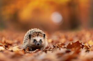Hedgehog Foraging Among Autumn Leaves in a Forest Clearing photo