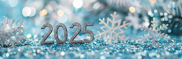 New Year 2025 Celebration With Snowflakes and Sparkling Decorations photo