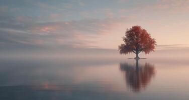 Lonely Autumn Tree Reflected in Calm Water During Sunrise photo