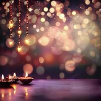 Traditional Diyas Illuminating a Table With Colorful Bokeh Background at Night photo