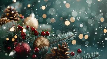 Festive Christmas Ornaments and Pine Cones on Evergreen Branches With Snowfall photo