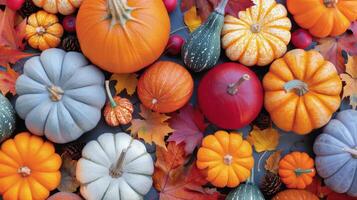 Colorful Assortment of Pumpkins and Autumn Leaves Arranged on a Rustic Table photo