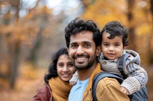 Family Enjoying Autumn Hike in Forest With Child on Father's Back photo