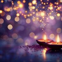 Traditional Diyas Illuminating a Table With Colorful Bokeh Background at Night photo