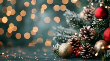 Festive Christmas Ornaments and Pine Cones on Evergreen Branches With Snowfall photo
