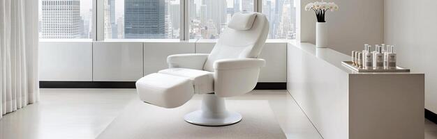 Modern Spa Chair in Bright City Room With Cityscape View and Minimalist Decor photo