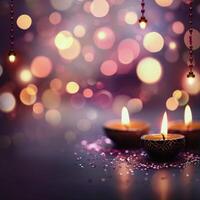 Traditional Diyas Illuminating a Table With Colorful Bokeh Background at Night photo