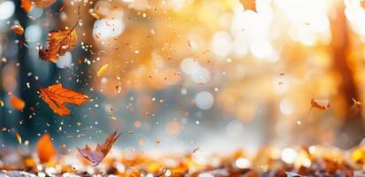 Autumn Leaves Falling in the Forest at Sunset photo