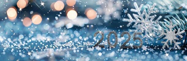 New Year 2025 Celebration With Snowflakes and Sparkling Decorations photo