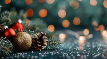 Festive Christmas Ornaments and Pine Cones on Evergreen Branches With Snowfall photo