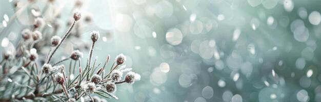 Winter Wonderland With Snow-Covered Branches And Delicate Flowers In Soft Light photo