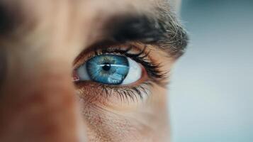 Close-Up of a Human Eye With Striking Blue Iris and Detailed Texture in Natural Light photo