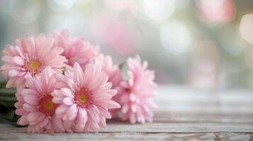 Pink Flowers Arrangement on Weathered Wooden Surface photo