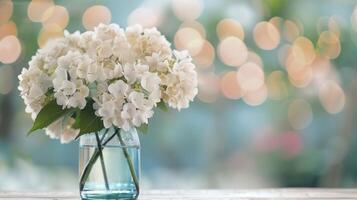 Elegant White Hydrangea Arrangement in a Ribbed Vase on a Bright Sunny Day photo