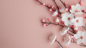 Delicate Cherry Blossom Branch Against Soft Pink Background in Springtime photo