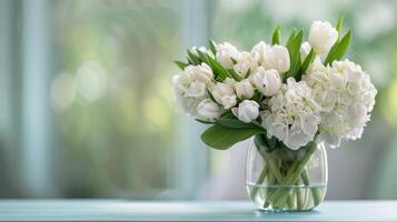 Elegant White Hydrangea Arrangement in a Ribbed Vase on a Bright Sunny Day photo