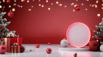 Festive Display With Red Background, Holiday Decorations, and Gift Boxes in December photo