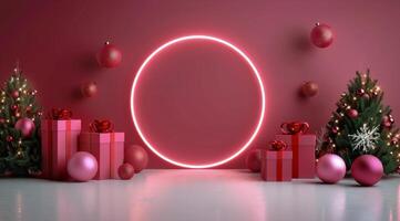 Festive Display With Red Background, Holiday Decorations, and Gift Boxes in December photo