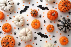 Autumn Halloween Decoration With Pumpkins, Bats, and Spiders On White Background photo