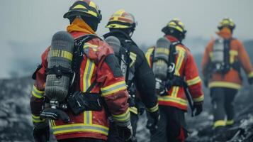 Firefighters in Protective Gear Responding to Industrial Fire at Dawn photo