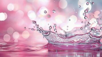 Raindrops Splashing on a Calm Surface With a Soft Pink Background photo