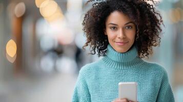 Woman Engaged With Smartphone in Cozy Evening Setting photo