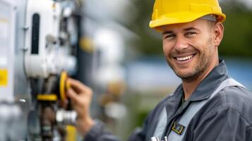 Smiling Technician Performing Maintenance on Gas Meters in Outdoor Setting photo