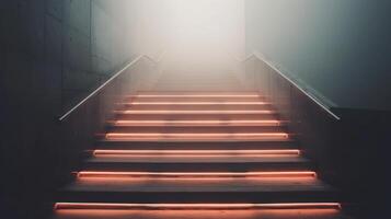 Mysterious Stairs With Neon Lighting in a Foggy Atmosphere at Dusk photo