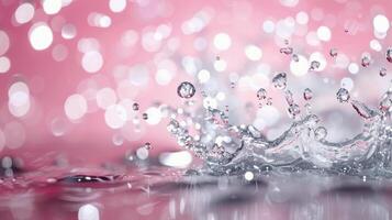 Raindrops Splashing on a Calm Surface With a Soft Pink Background photo